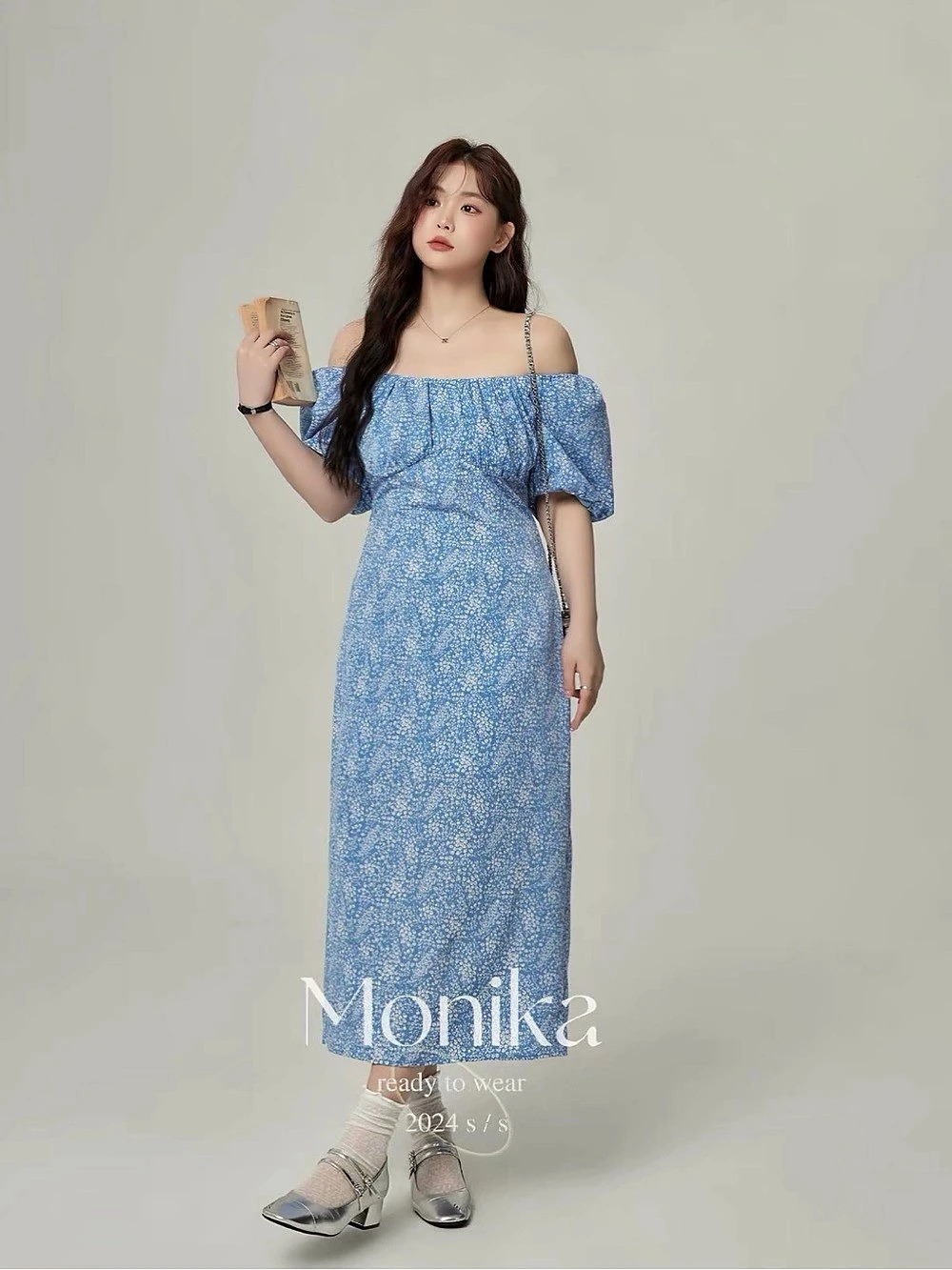 Monika the Label Flo Milkmaid Midi Dress Blue Cherry Like New